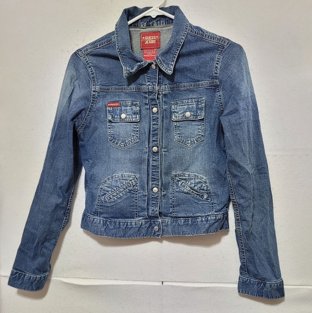 VTG WOMEN'S GUESS BLUE DENIM JACKET SNAP BUTTON CROPPED SIZE L JUNIORS